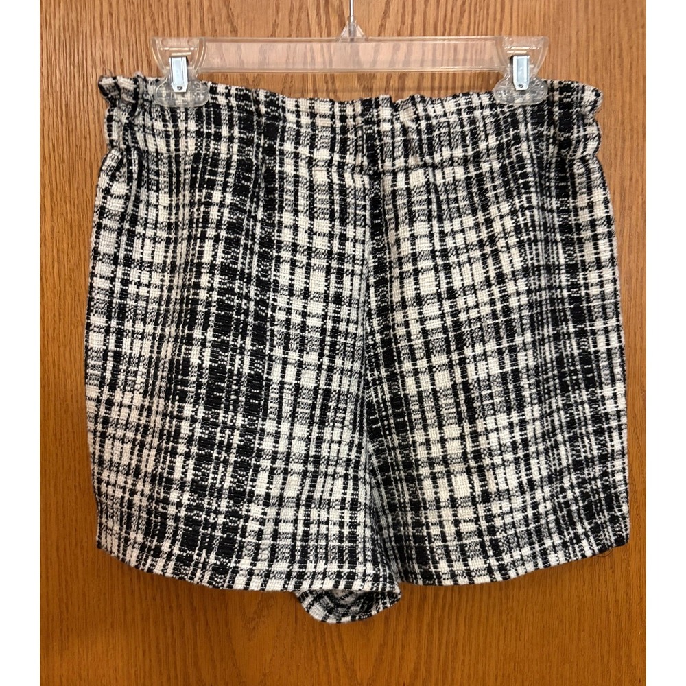 Zara Black White Plaid Tweed Boucle High Waisted Shorts Large 3666/033/070